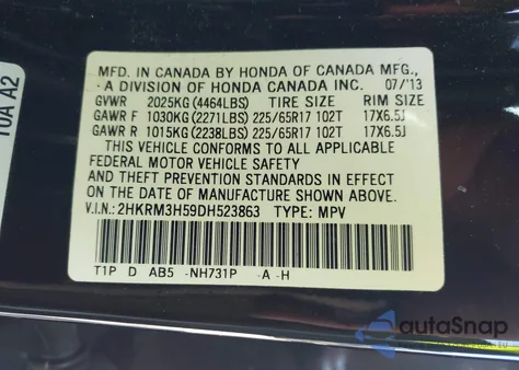 2013 Honda Cr-V Ex z USA, uszkodzony, nr VIN 2HKRM3H59DH523863